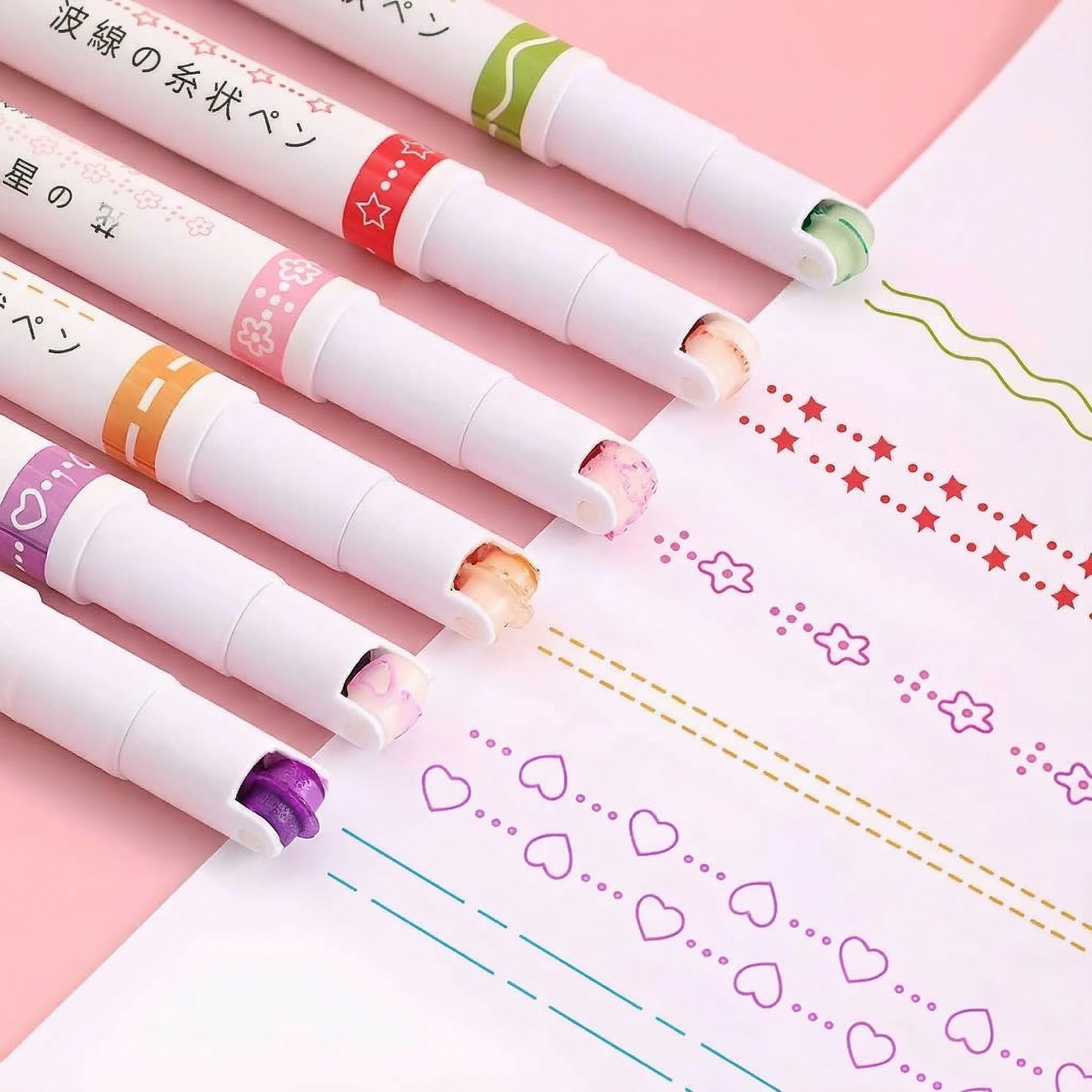 Linear Roller Color Pens Highlighters with 6 Different Curve Shapes (Set of 6)