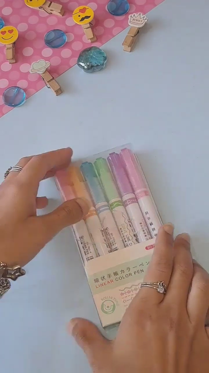 Linear Roller Color Pens Highlighters with 6 Different Curve Shapes (Set of 6)